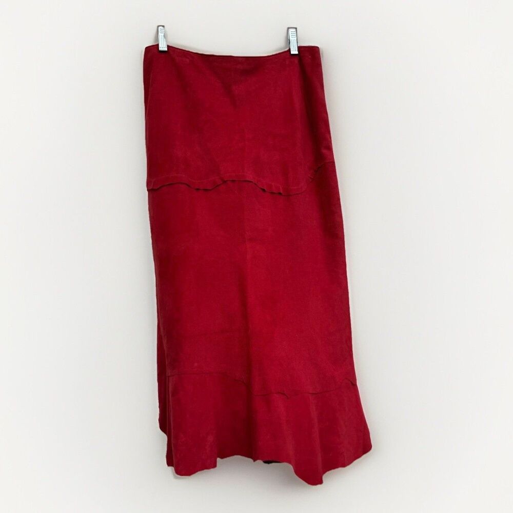 Vintage Italian Red Suede Leather Midi Skirt 44 Vera Pelle Lavorazione Artigiana